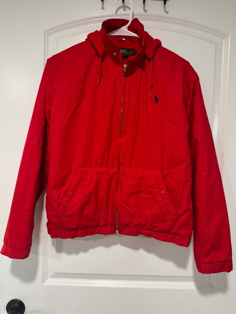 Vintage 90s Polo Ralph Lauren Red Fleece Lined Hooded Jacket Preppy Large